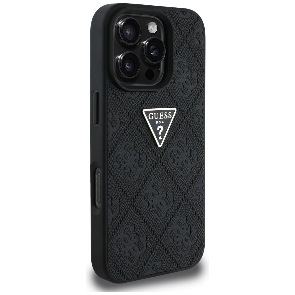 Custodia per Apple iPhone 16 Pro, Guess, Hot Stamp 4G Pattern Triangle Logo, Nera