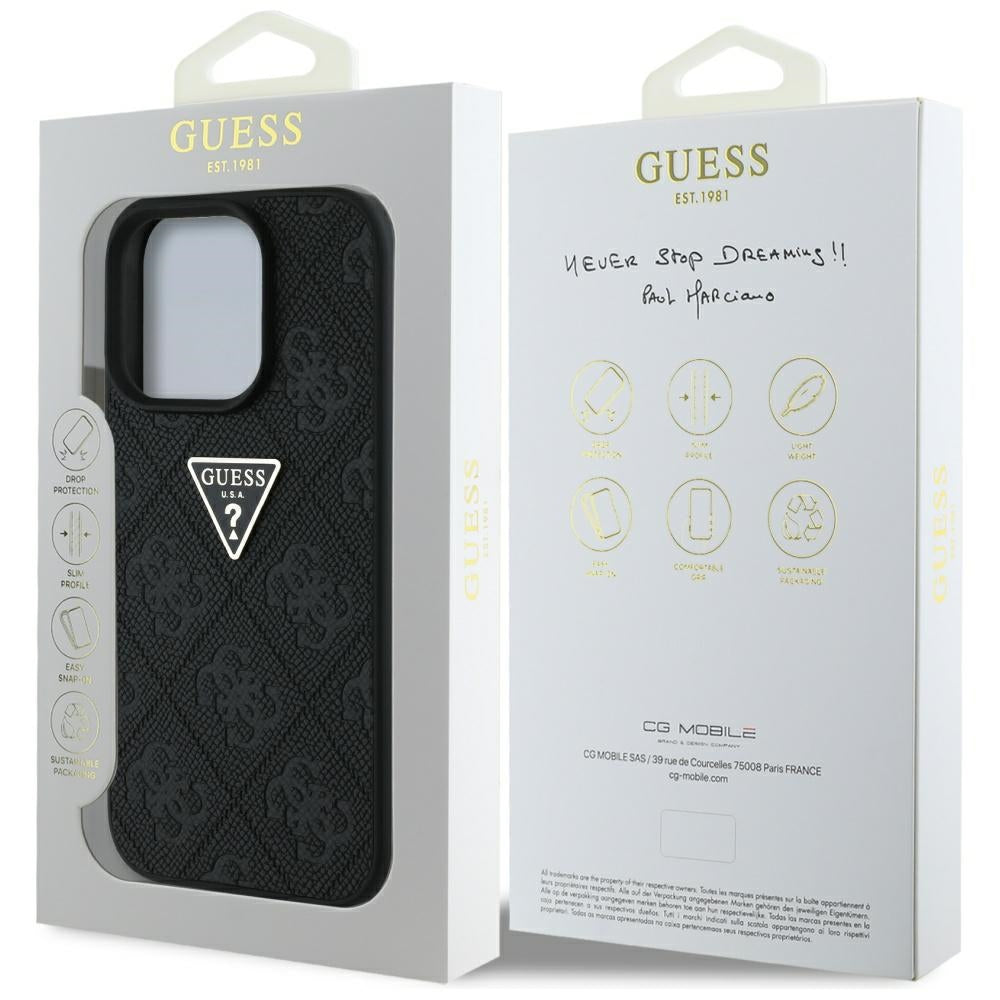 Custodia per Apple iPhone 16 Pro, Guess, Hot Stamp 4G Pattern Triangle Logo, Nera