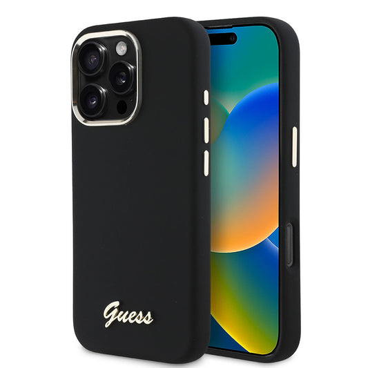 Custodia per Apple iPhone 16 Pro, Guess, Script Metal Logo & Frame, Nera