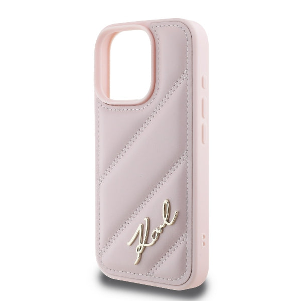 Custodia per Apple iPhone 16 Pro, Karl Lagerfeld, Diagonal Quilted Script, Rosa