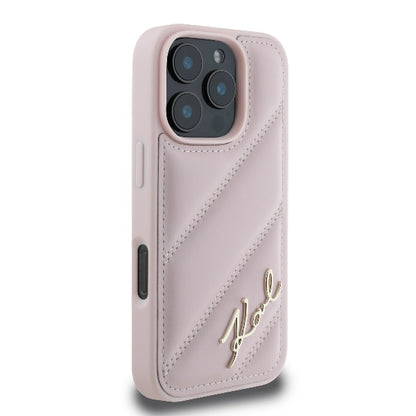 Custodia per Apple iPhone 16 Pro, Karl Lagerfeld, Diagonal Quilted Script, Rosa