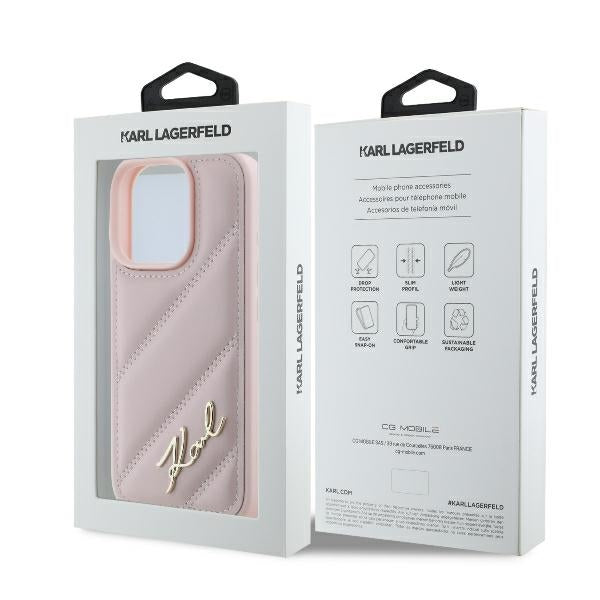 Custodia per Apple iPhone 16 Pro, Karl Lagerfeld, Diagonal Quilted Script, Rosa