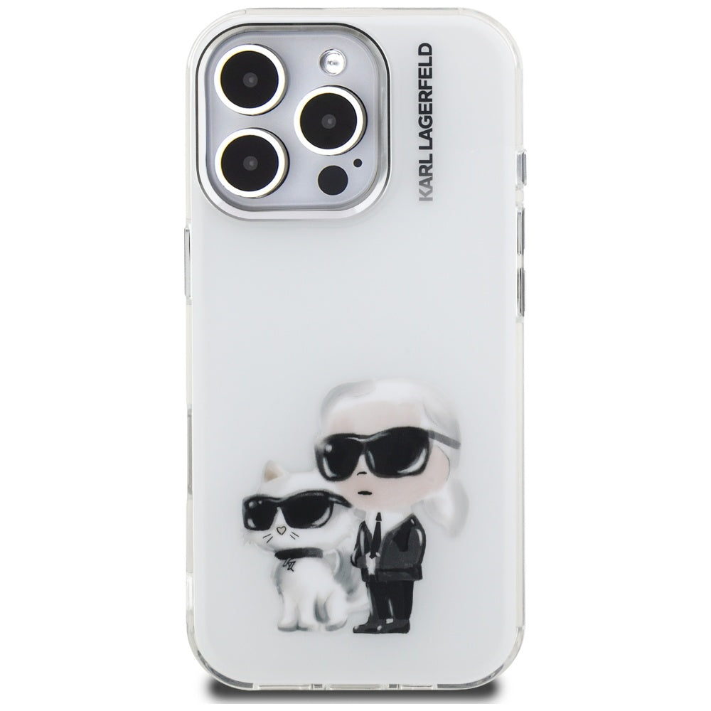 Custodia per Apple iPhone 16 Pro, Karl Lagerfeld, IML Aquarelle Logo Karl & Choupette, Bianca