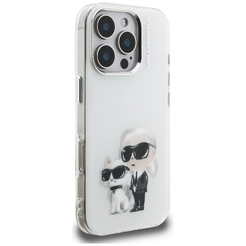 Custodia per Apple iPhone 16 Pro, Karl Lagerfeld, IML Aquarelle Logo Karl & Choupette, Bianca
