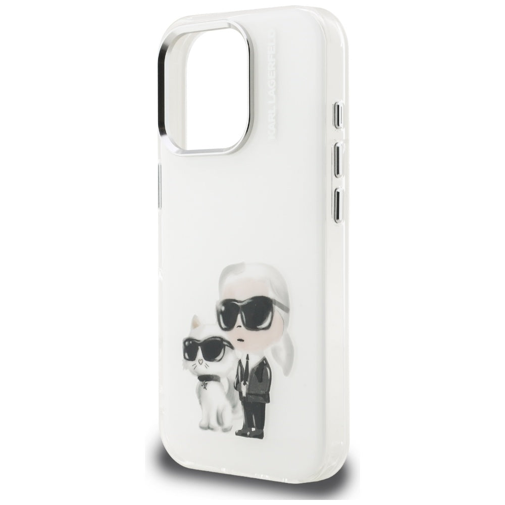 Custodia per Apple iPhone 16 Pro, Karl Lagerfeld, IML Aquarelle Logo Karl & Choupette, Bianca