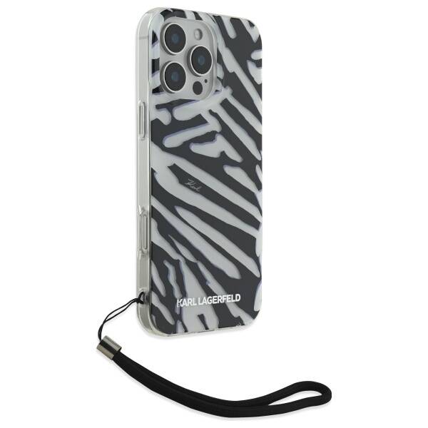 Custodia per Apple iPhone 16 Pro, Karl Lagerfeld, IML Luxury Zebra Pattern con Cinturino, Nera
