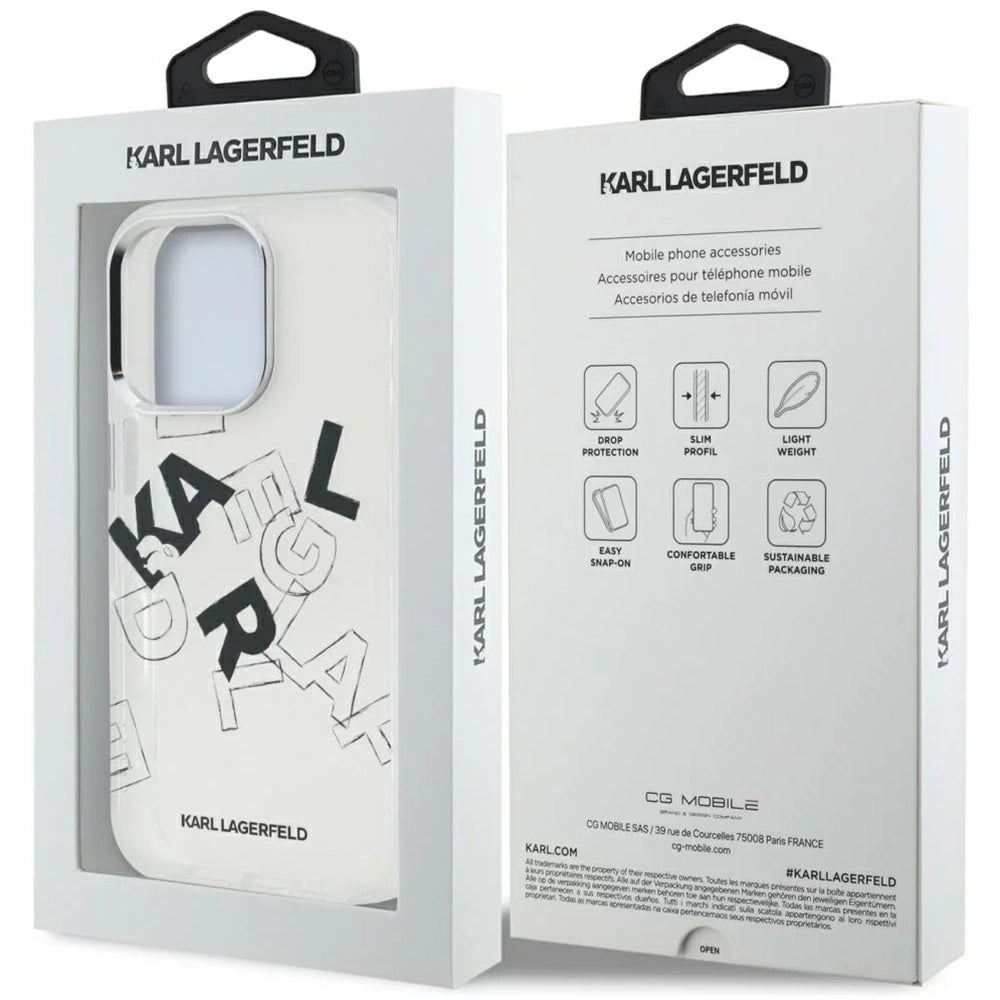 Custodia per Apple iPhone 16 Pro, Karl Lagerfeld, IML Sketched Graphic Logo, Trasparente