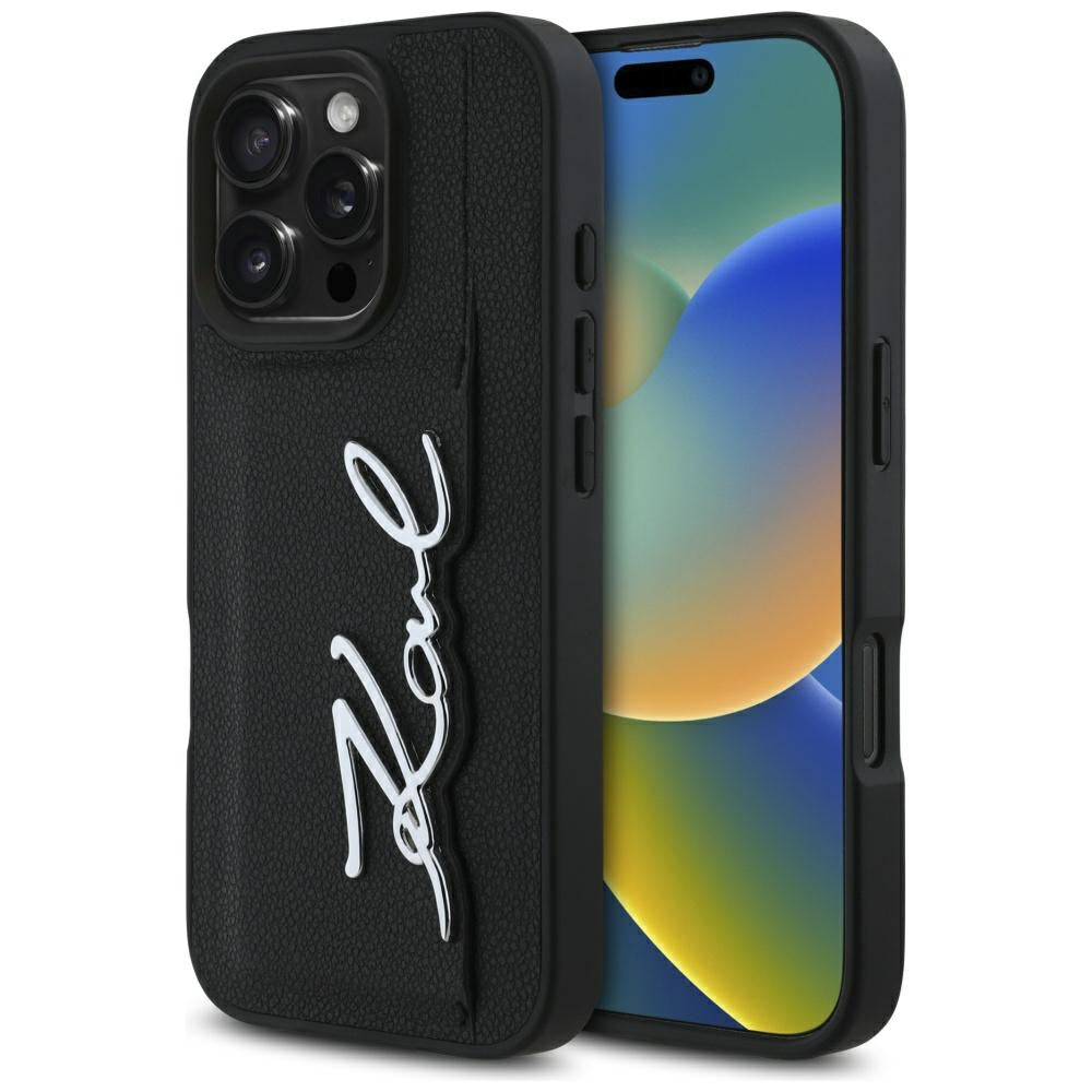 Custodia per Apple iPhone 16 Pro, Karl Lagerfeld, Metal Signature, Nera