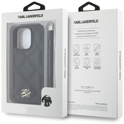 Case for Apple iPhone 16 Pro, Karl Lagerfeld, Quilted Initial Logo & Chain Strap, Black
