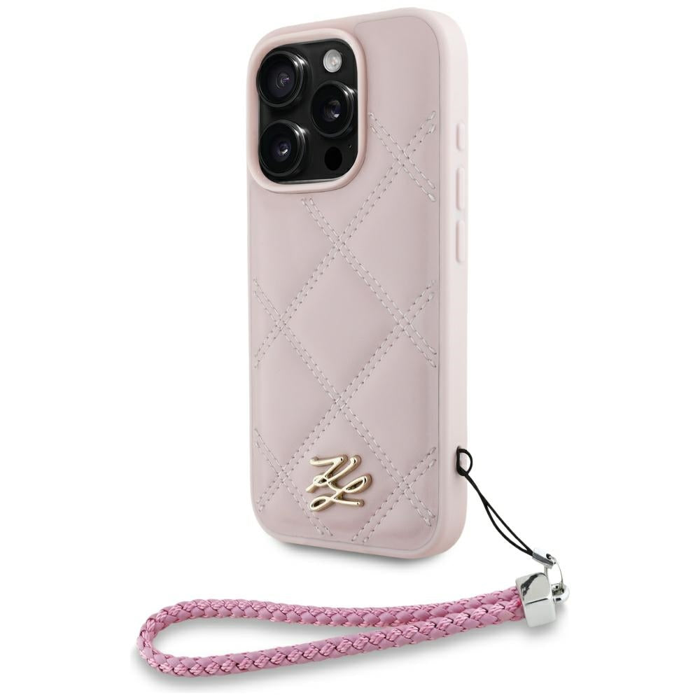 Custodia per Apple iPhone 16 Pro, Karl Lagerfeld, Quilted Initial Logo & Chain Strap, Rosa