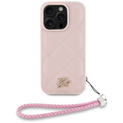 Custodia per Apple iPhone 16 Pro, Karl Lagerfeld, Quilted Initial Logo & Chain Strap, Rosa