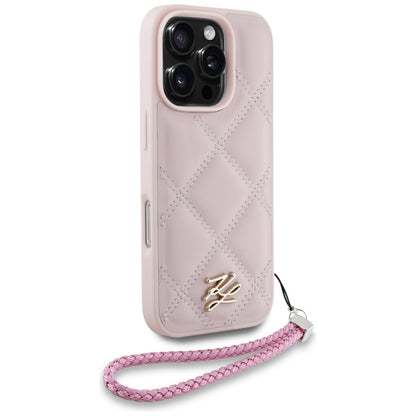 Custodia per Apple iPhone 16 Pro, Karl Lagerfeld, Quilted Initial Logo & Chain Strap, Rosa