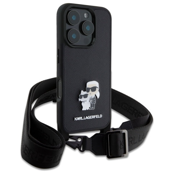 Custodia per Apple iPhone 16 Pro, Karl Lagerfeld, Saffiano Crossbody Metal Pin Karl & Choupette, Nera