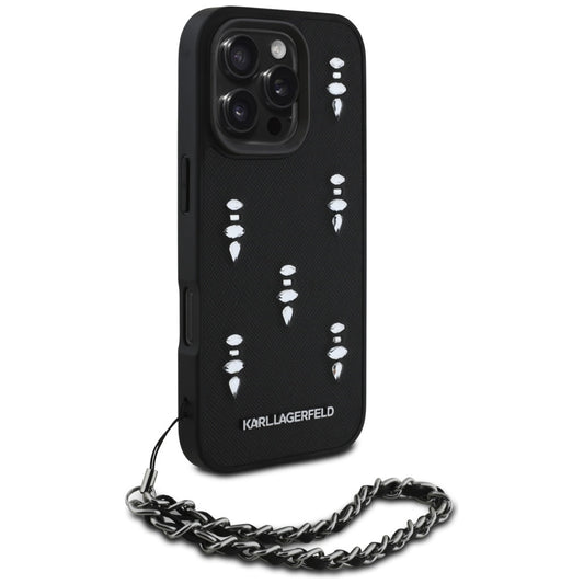 Custodia per Apple iPhone 16 Pro, Karl Lagerfeld, Saffiano Crystals & Charm, Nera