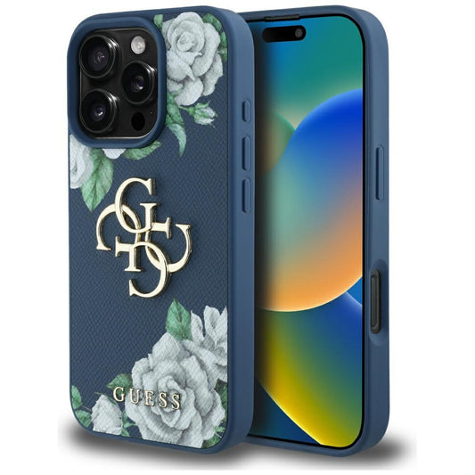 Custodia per Apple iPhone 16 Pro Max, Guess, 4G Grained Roses Big Logo, Blu