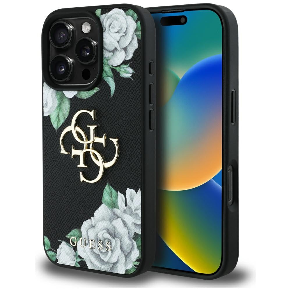 Custodia per Apple iPhone 16 Pro Max, Guess, 4G Grained Roses Big Logo, Nera
