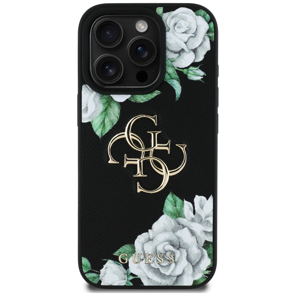 Custodia per Apple iPhone 16 Pro Max, Guess, 4G Grained Roses Big Logo, Nera
