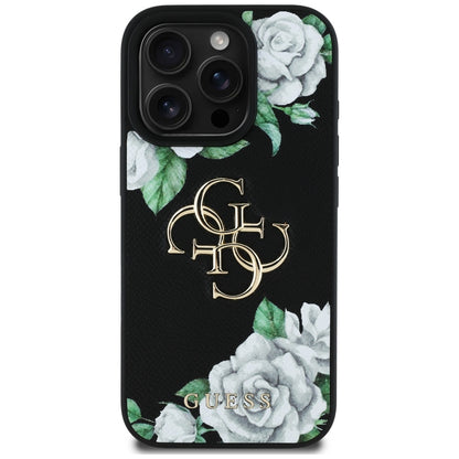 Custodia per Apple iPhone 16 Pro Max, Guess, 4G Grained Roses Big Logo, Nera