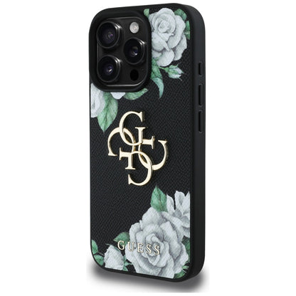 Custodia per Apple iPhone 16 Pro Max, Guess, 4G Grained Roses Big Logo, Nera