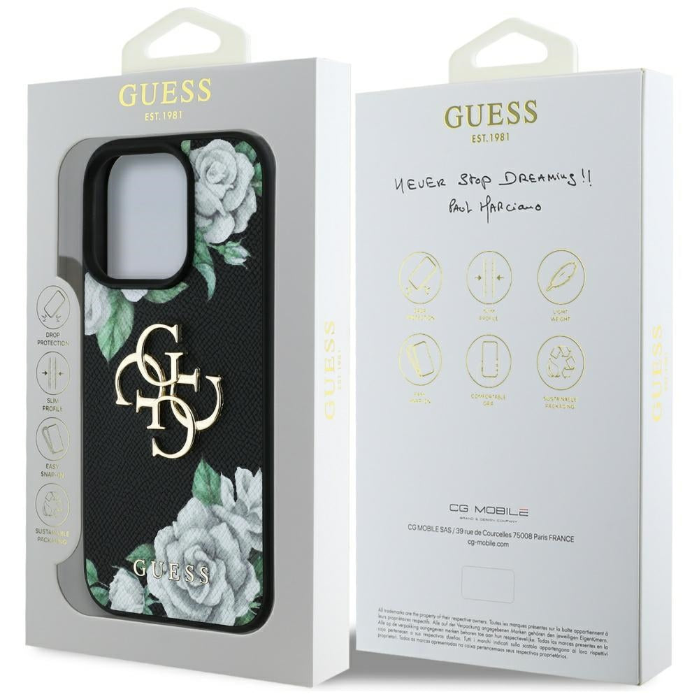Custodia per Apple iPhone 16 Pro Max, Guess, 4G Grained Roses Big Logo, Nera