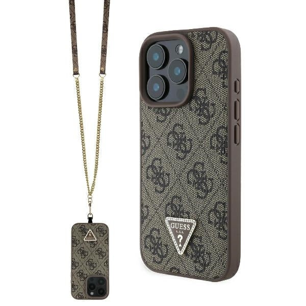 Custodia per Apple iPhone 16 Pro Max, Guess, Crossbody 4G Triangle Strass, Marrone