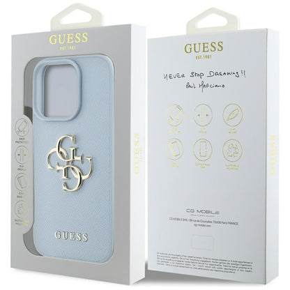 Custodia per Apple iPhone 16 Pro Max, Guess, Grained Big 4G Logo Small Classic Logo, Blu