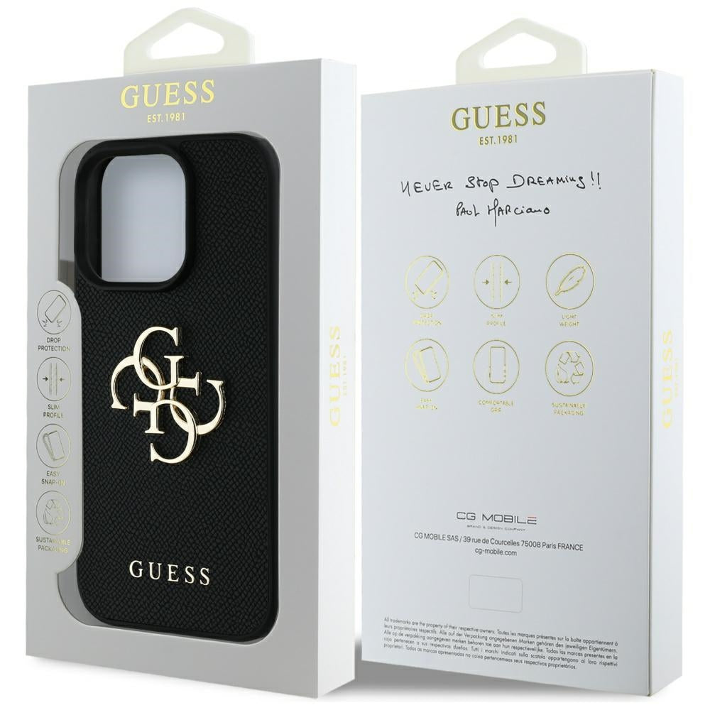 Custodia per Apple iPhone 16 Pro Max, Guess, Grained Big 4G Logo Small Classic Logo, Nera