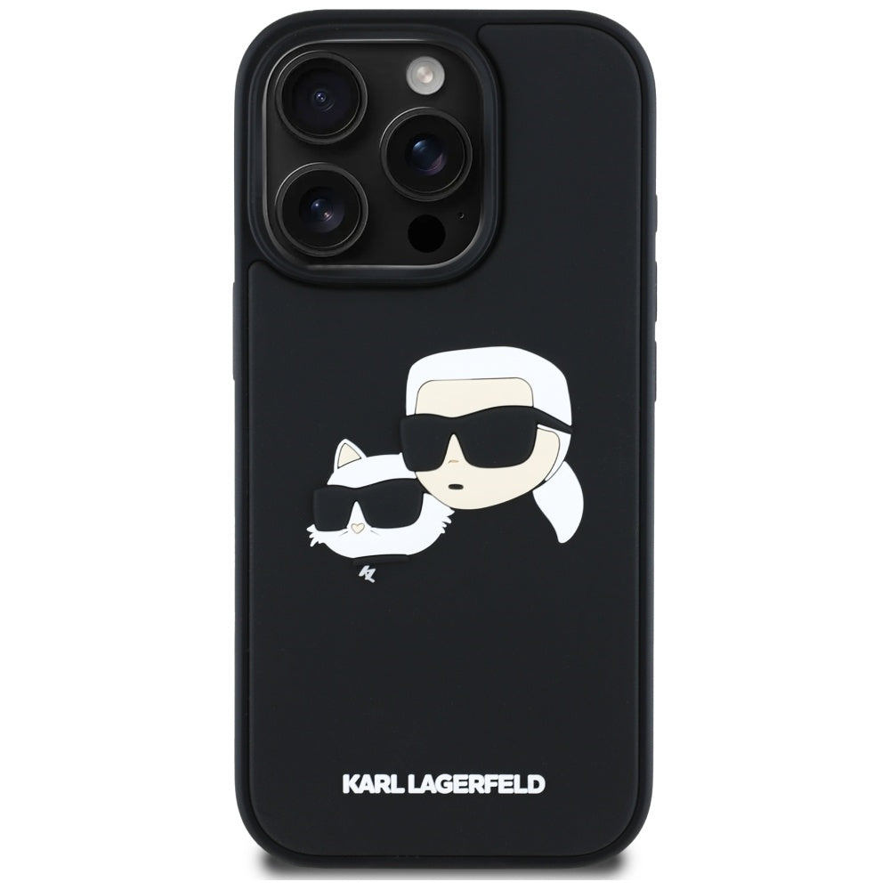 Custodia per Apple iPhone 16 Pro Max, Karl Lagerfeld, 3D Rubber Karl & Choupette, Nera