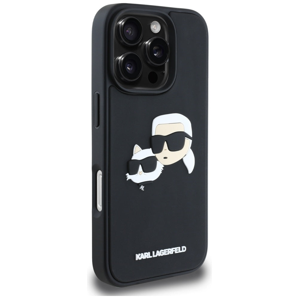 Custodia per Apple iPhone 16 Pro Max, Karl Lagerfeld, 3D Rubber Karl & Choupette, Nera