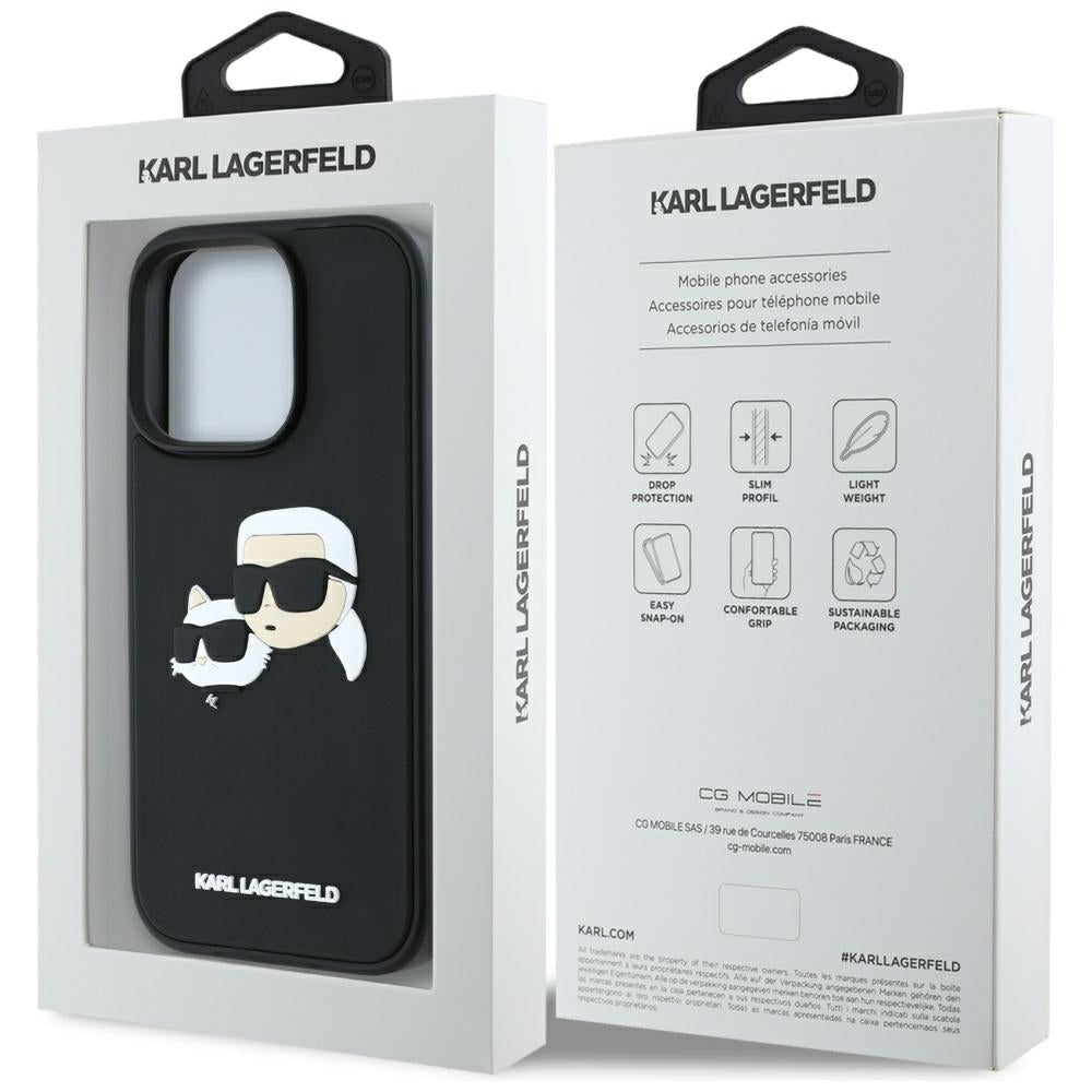 Custodia per Apple iPhone 16 Pro Max, Karl Lagerfeld, 3D Rubber Karl & Choupette, Nera