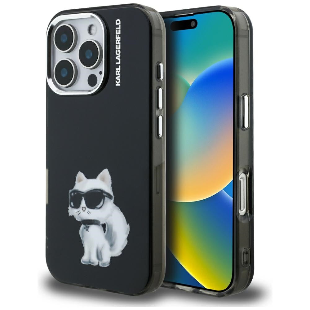 Custodia per Apple iPhone 16 Pro Max, Karl Lagerfeld, IML Aquarelle Logo Choupette, Nera