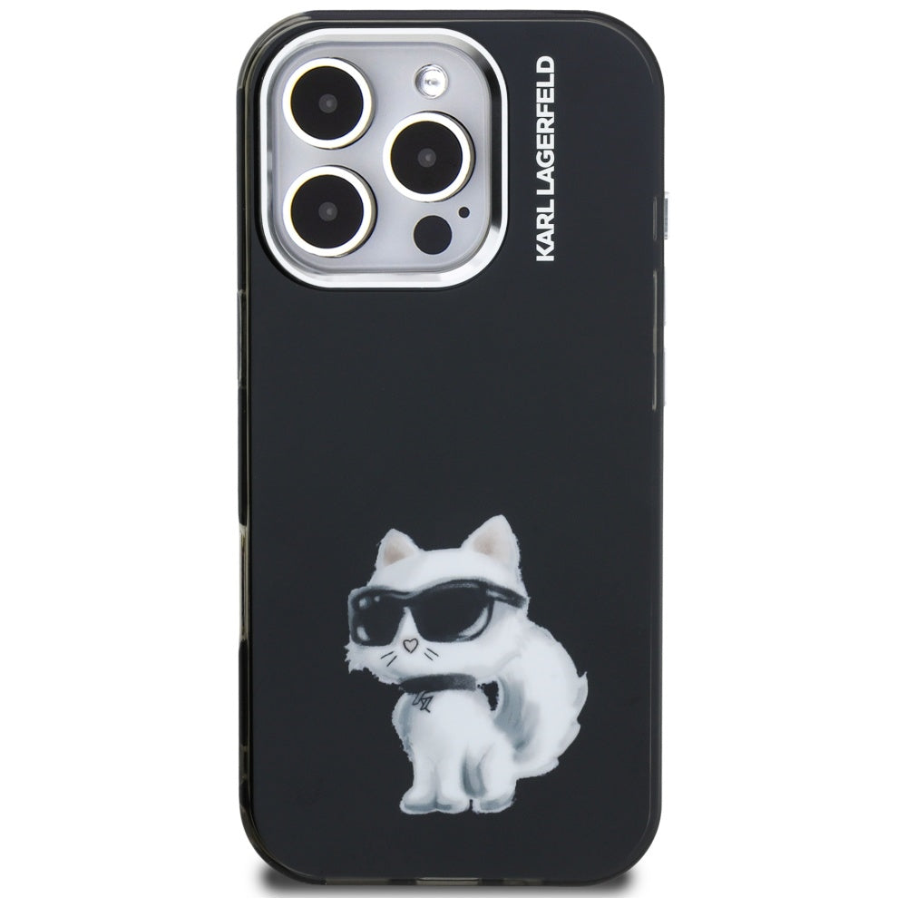 Custodia per Apple iPhone 16 Pro Max, Karl Lagerfeld, IML Aquarelle Logo Choupette, Nera