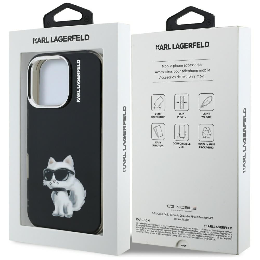 Custodia per Apple iPhone 16 Pro Max, Karl Lagerfeld, IML Aquarelle Logo Choupette, Nera