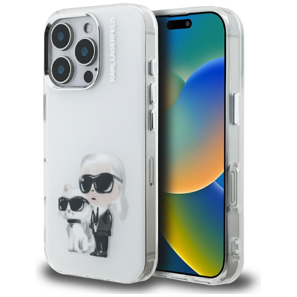Custodia per Apple iPhone 16 Pro Max, Karl Lagerfeld, IML Aquarelle Logo Karl & Choupette, Bianca