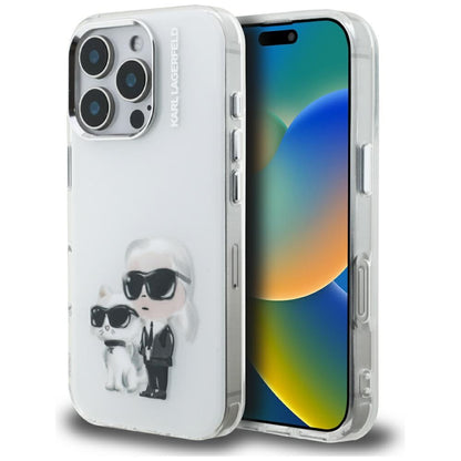 Custodia per Apple iPhone 16 Pro Max, Karl Lagerfeld, IML Aquarelle Logo Karl & Choupette, Bianca