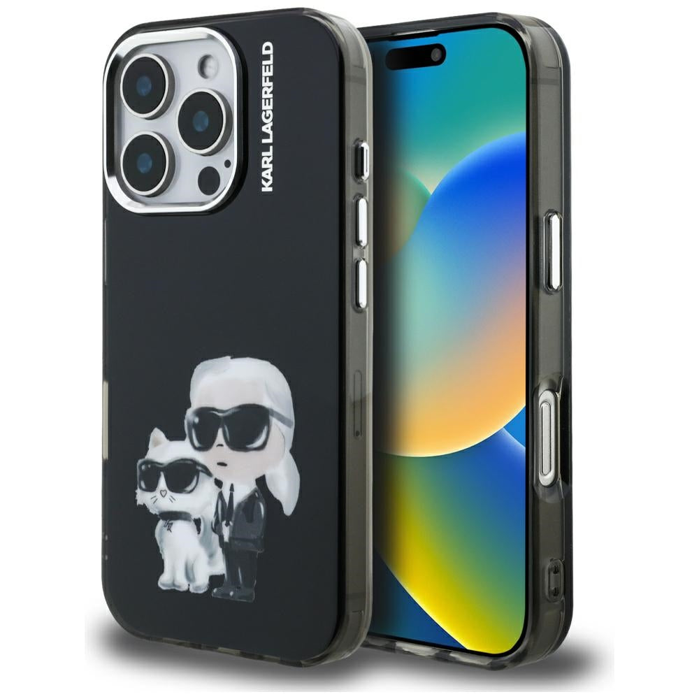 Custodia per Apple iPhone 16 Pro Max, Karl Lagerfeld, IML Aquarelle Logo Karl & Choupette, Nera