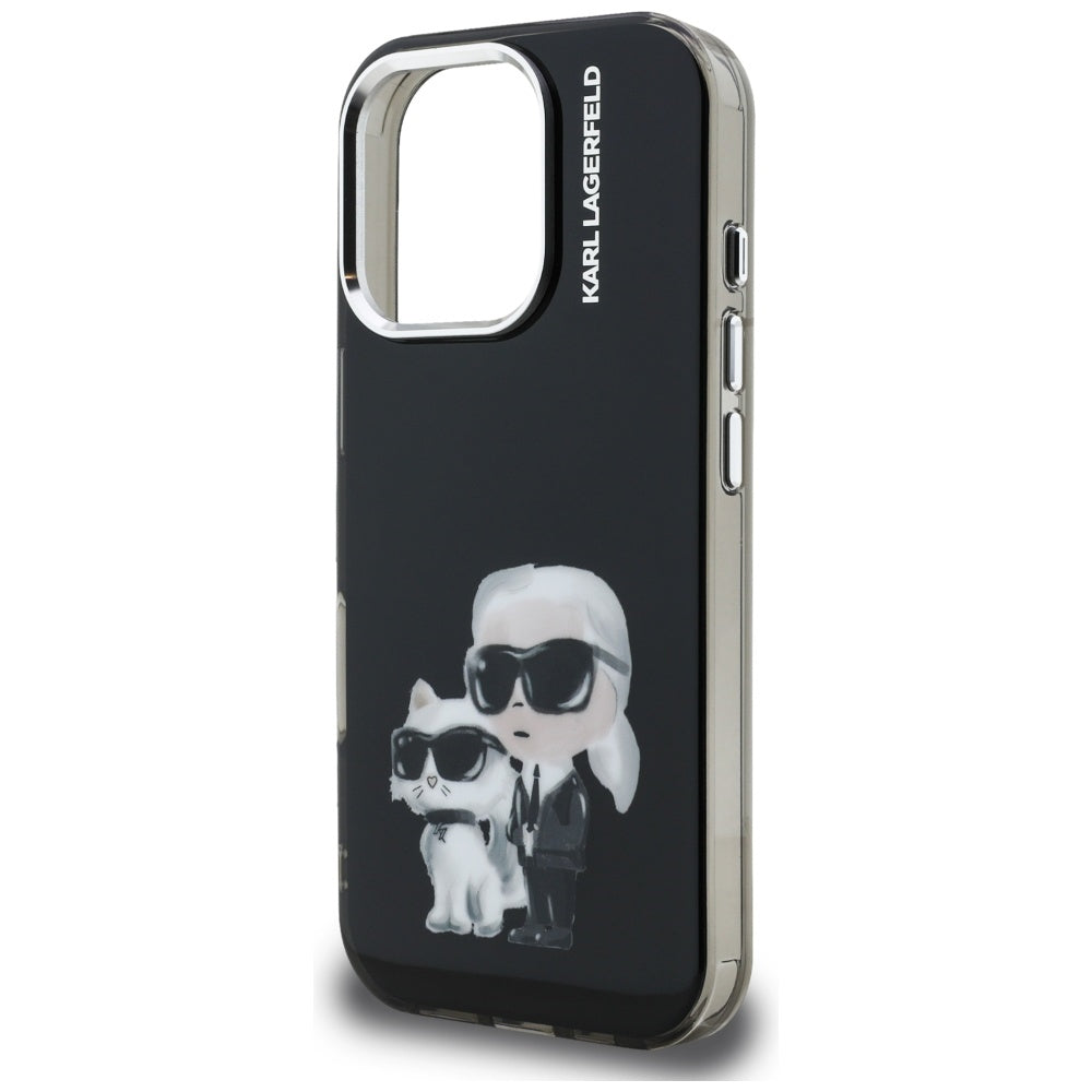 Custodia per Apple iPhone 16 Pro Max, Karl Lagerfeld, IML Aquarelle Logo Karl & Choupette, Nera