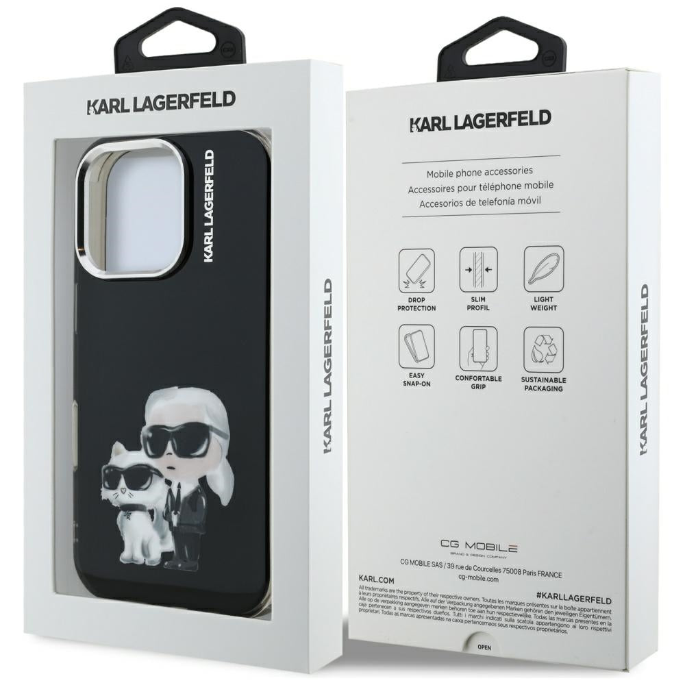 Custodia per Apple iPhone 16 Pro Max, Karl Lagerfeld, IML Aquarelle Logo Karl & Choupette, Nera