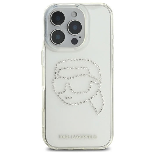 Custodia per Apple iPhone 16 Pro Max, Karl Lagerfeld, IML Rhinestones Karl's Head, Trasparente