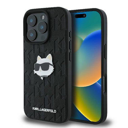 Custodia per Apple iPhone 16 Pro Max, Karl Lagerfeld, Monogram Choupette's Head, Nera