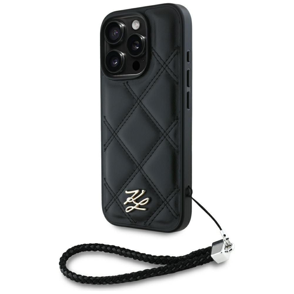 Case for Apple iPhone 16 Pro Max, Karl Lagerfeld, Quilted Initial Logo & Chain Strap, Black