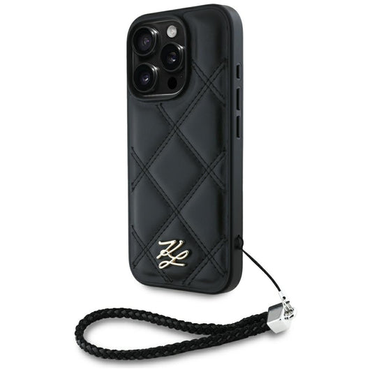 Custodia per Apple iPhone 16 Pro Max, Karl Lagerfeld, Quilted Initial Logo & Chain Strap, Nera