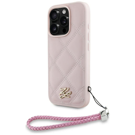 Custodia per Apple iPhone 16 Pro Max, Karl Lagerfeld, Quilted Initial Logo & Chain Strap, Rosa