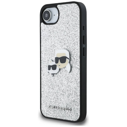 Case for Apple iPhone 16e, Karl Lagerfeld, Glitter Fixed Karl & Choupette's Heads, Silver