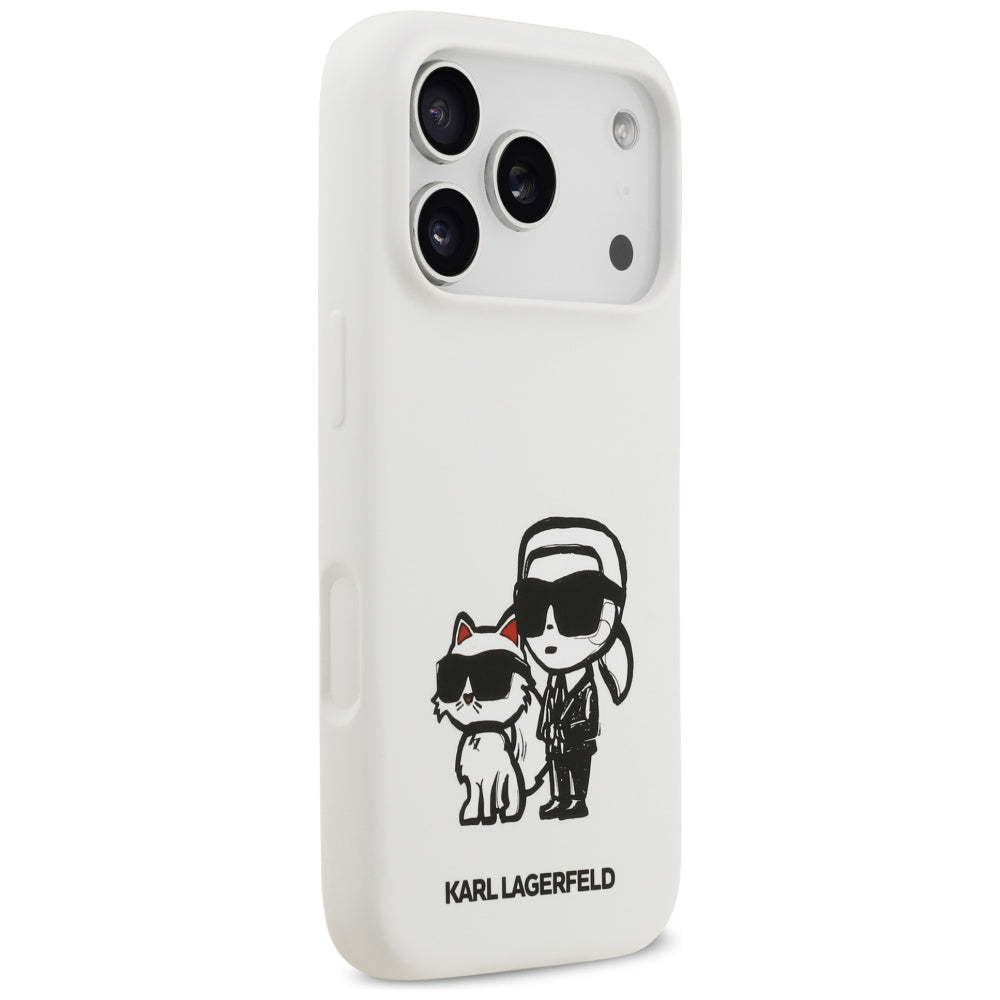 Custodia per Apple iPhone 17 Pro, Karl Lagerfeld, Sketch and Logo Karl & Choupette, Bianca