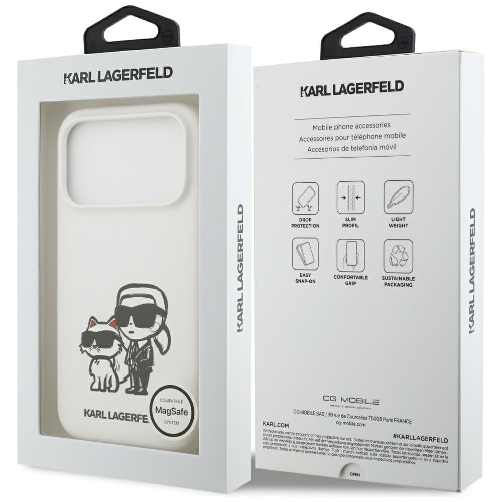 Custodia per Apple iPhone 17 Pro, Karl Lagerfeld, Sketch and Logo Karl & Choupette, Bianca