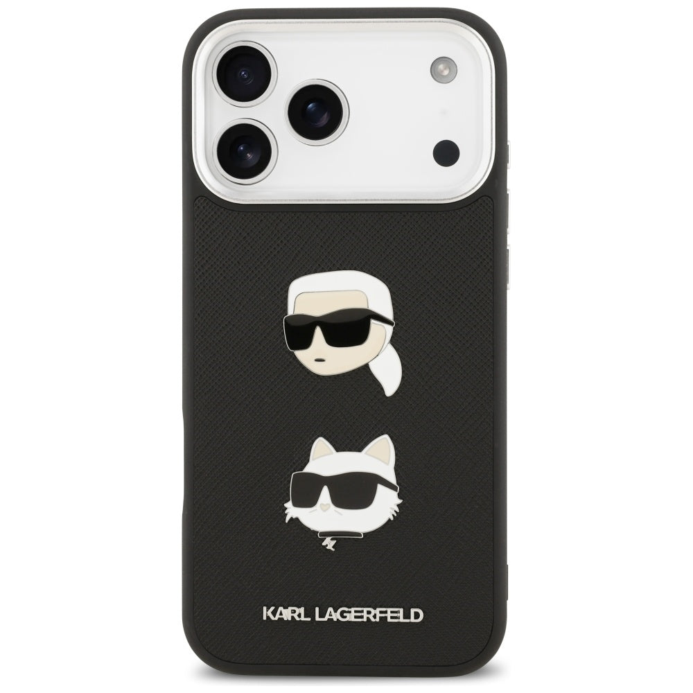 Case for Apple iPhone 17 Pro Max, Karl Lagerfeld, Grained Karl & Choupette's Heads Pins and Logo, Black