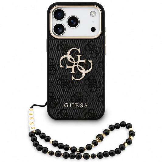 Custodia per Apple iPhone 18 Pro / 17 Pro, Guess, 4G Classic Logo con Cinturino, Nero Dorato