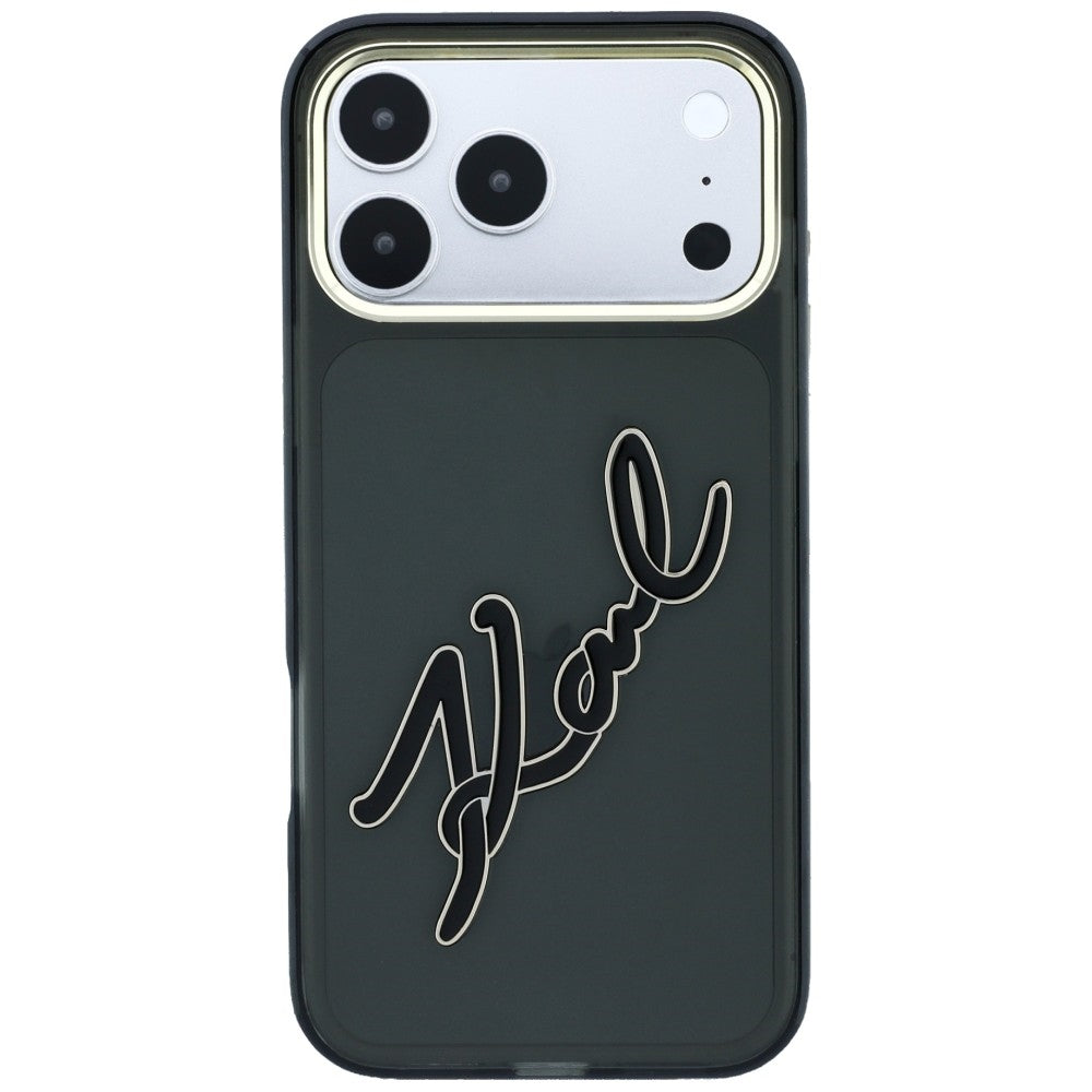 Custodia per Apple iPhone 18 Pro / 17 Pro, Karl Lagerfeld, IML Big Signature Resin Logo e Cornice in Metallo, Nera