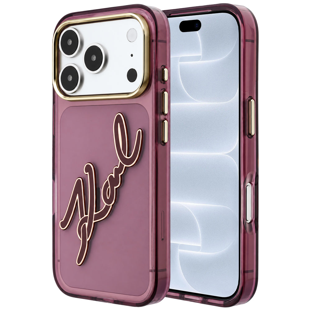 Custodia per Apple iPhone 18 Pro / 17 Pro, Karl Lagerfeld, IML Big Signature Resin Logo e Cornice in Metallo, Vinaccia